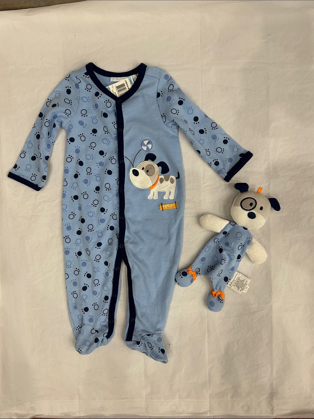 First Impressions Light Blue Footed Puppy One-Piece with Navy Trim and Plush Toy